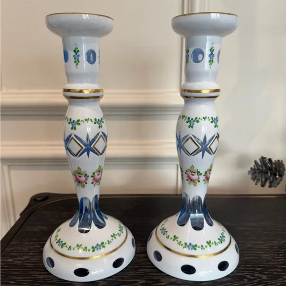 Vintage Pair CZECH BOHEMIAN Cut to Blue Glass Candlesticks